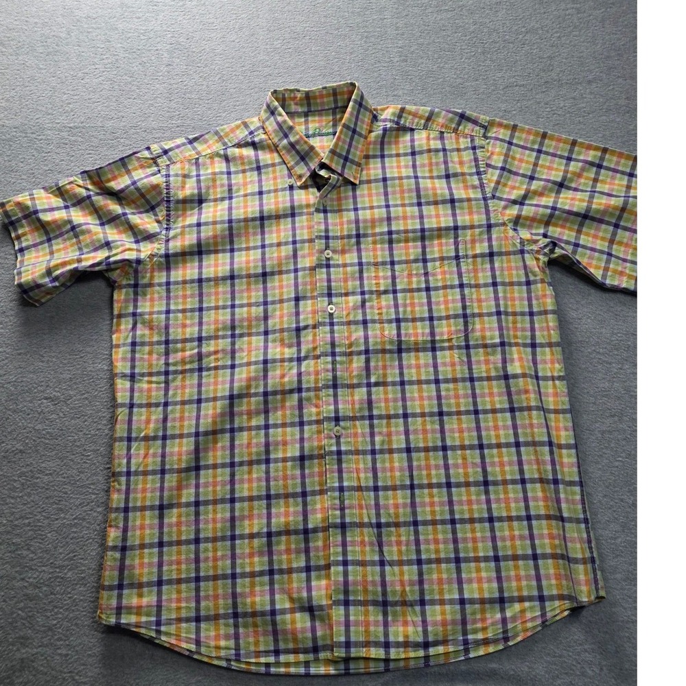 Alan‎ Flusser Mens Short Sleeve Plaid Button Down Shirt Green Orange Purple XL